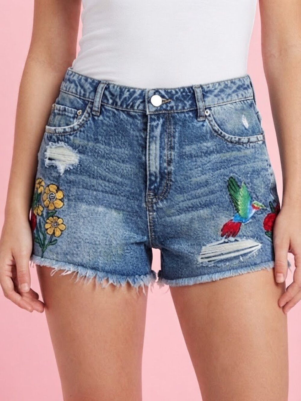 Embroidered Light Blue Denim Shorts with Floral & Hummingbird